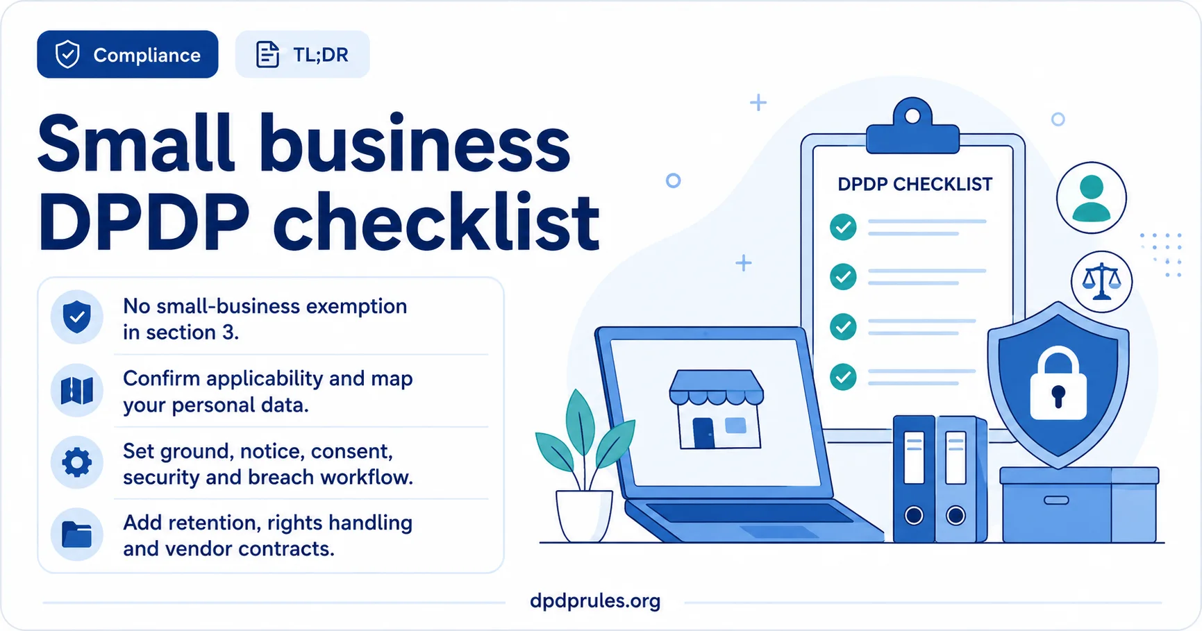 Summary infographic headed 'Small business DPDP checklist'