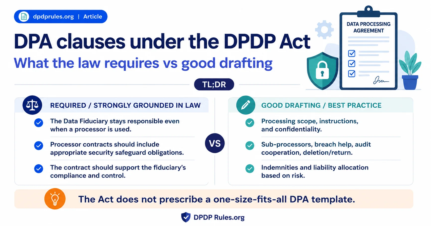 Summary infographic headed 'DPA clauses under the DPDP Act: what the law requires vs good drafting'