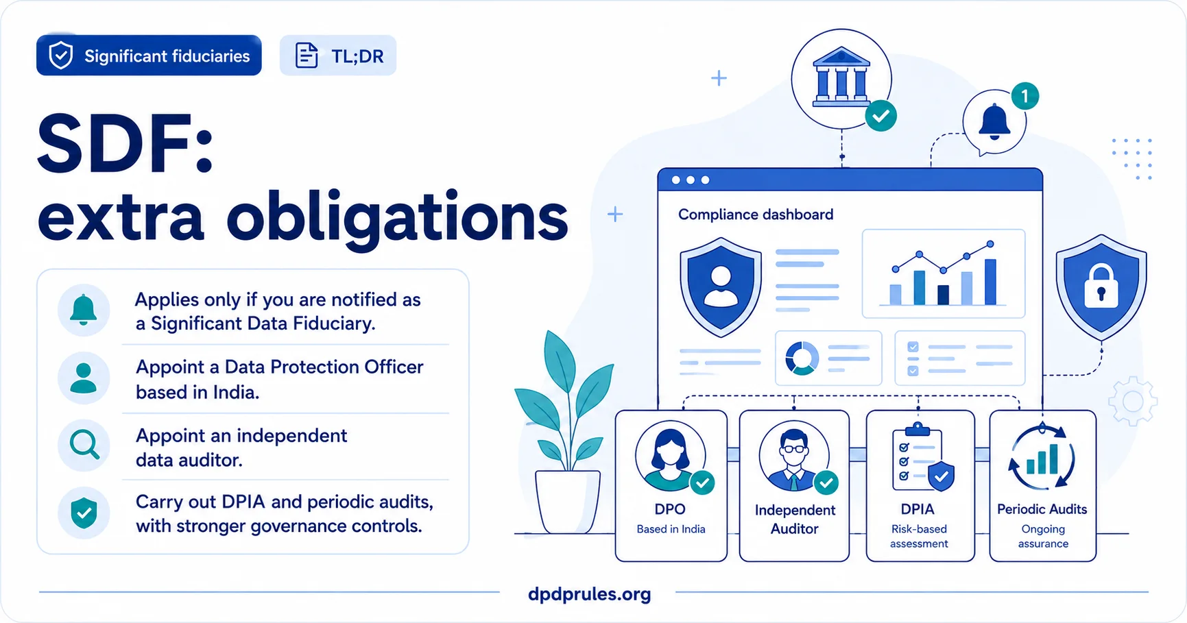 Summary infographic headed 'Significant Data Fiduciary: extra obligations'